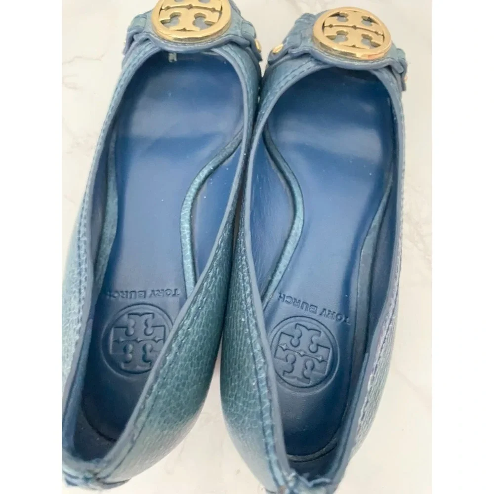 Tory Burch Navy Blue Leather Leticia Wedge Pumps Sz 6M Blue Logo Office Work